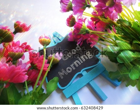 Good morning concept picture with a view of flowers and overlay effects of sun lights 