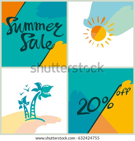 Summer Sale.20%. Bright squares with text, palm trees and sun information poster.