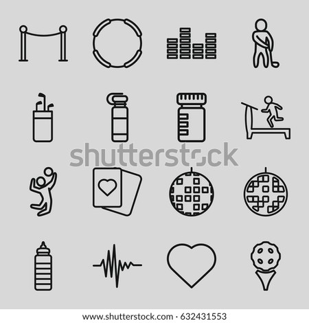 Club icons set. set of 16 club outline icons such as treadmill, hearts, red carpet barrier, spades, music equalizer, equalizer, disco ball, golf player, volleyball player