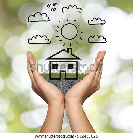 Hands of the businessman in concept of building a house,Hand draw home picture on green bokeh background.