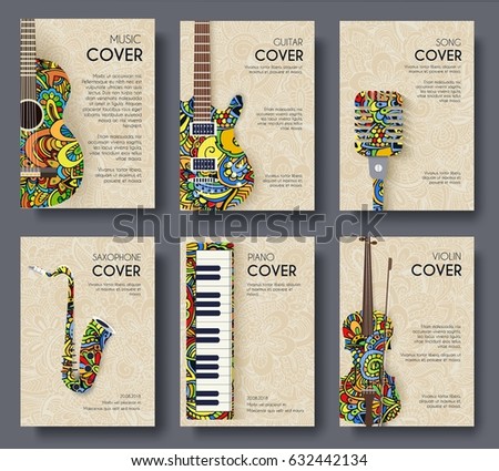 Music magazine layout flyer invitation design. Set of musical ornament illustration concept. Art instrument, poster, book, abstract, ottoman motifs, element. Vector decorative ethnic greeting card