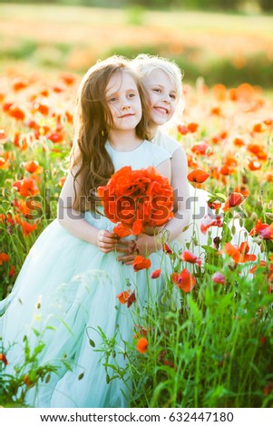 little girl, poppies, fashion concept - two young girlfriends on a walk through summer field of poppy in elegant dresses, holding a bouquet of poppies, cute princess hugging on summer background