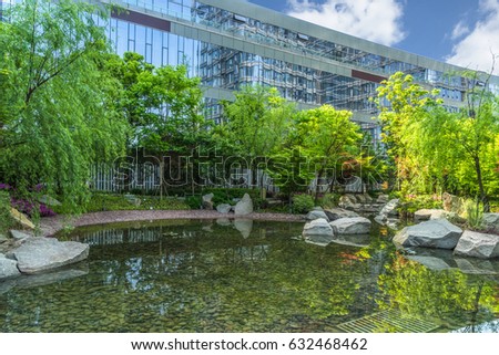 modern building with outdoor pond in the city
