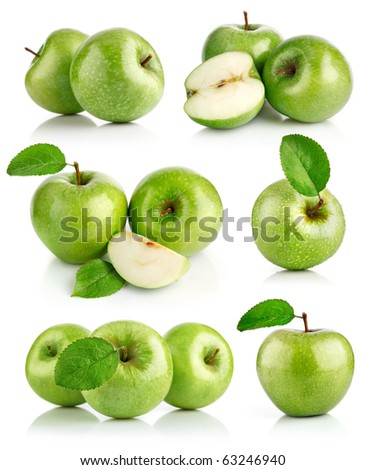 set green apple fruits with leaf isolated on white background Royalty-Free Stock Photo #63246940