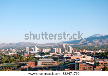 Image of the skyline of Reno, Nevada with the University of Nevada Reno in the foreground. Royalty-Free Stock Photo #632471792