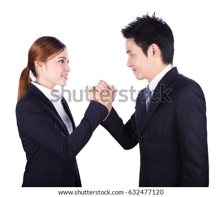 Arm wrestling between businessman and businesswoman isolated on white background