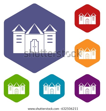 Wall and gate of the old fortress icons set hexagon isolated vector illustration