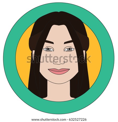 Flat illustration of a girl on a green and yellow background. The girl's face. Vector illustration