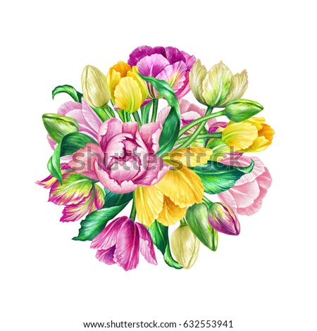 watercolor botanical illustration, pink yellow tulips, green leaves, floral ball, round shape bunch of flowers on white background, Easter greeting card, bridal bouquet
