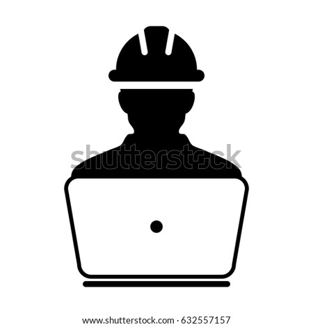 Construction Worker Icon - Vector Person Profile Avatar With Laptop Computer and Hardhat Helmet Glyph Pictogram Symbol illustration
