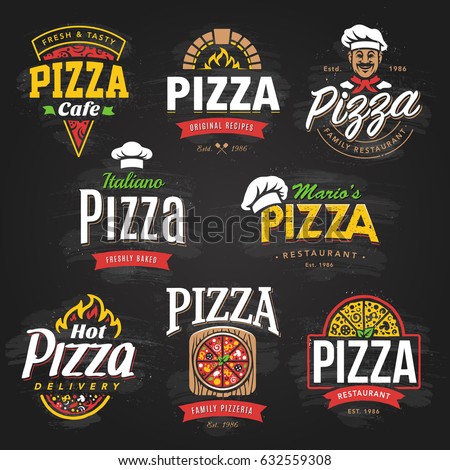 Vector collection of Pizza emblems, badges, elements and icons. Pizzeria cafe, restaurant or delivery logo templates. Food icons set on blackboard. 