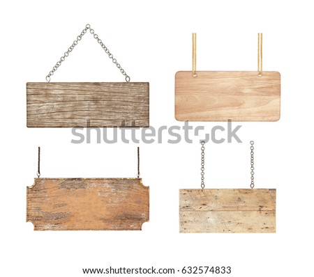 collection of empty wooden signs hanging on chain  isolated on white background.
