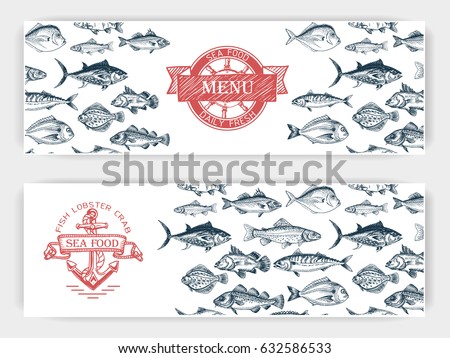 Vector illustration sketch - fish market
Card menu seafood. vintage design template, banner.