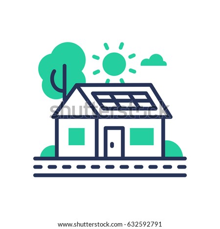 Eco House - modern vector single line icon. An image of a green domicile that runs on ecologically clean energy, tree, sun, cloud, battery. Invention, inspiration, better tomorrow, healthy life