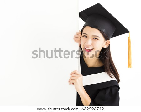 Graduate student girl showing blank placard board
