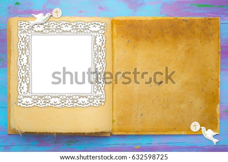 First Holy Communion invitations, open book with doves and host with empty  photo frame and space for text.