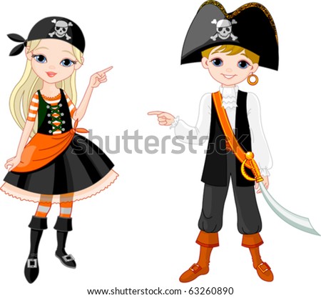 Two pointing  kids dressed as pirates for Halloween party