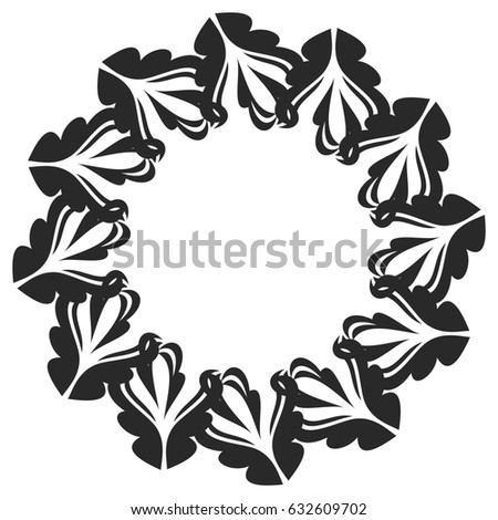Black and white round frame with flowers. Copy space. Raster clip art.