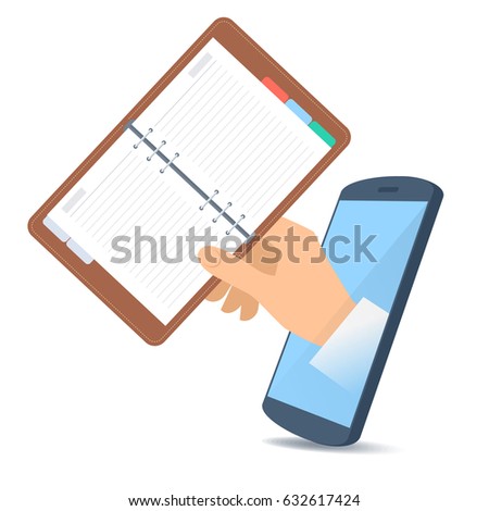 A human hand through the mobile phone's screen holds a schedule planner. Technology, time management and smart phone apps flat concept illustration. Vector design element isolated on white background. Royalty-Free Stock Photo #632617424