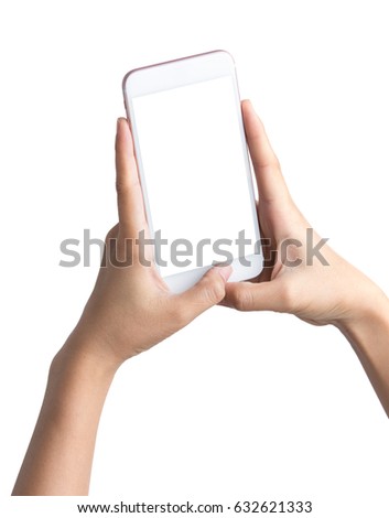 Woman hand holding the White smartphone with blank screen