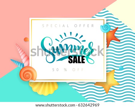 vector hand lettering summer sale text surrounded with detailed flat and doodle seashells