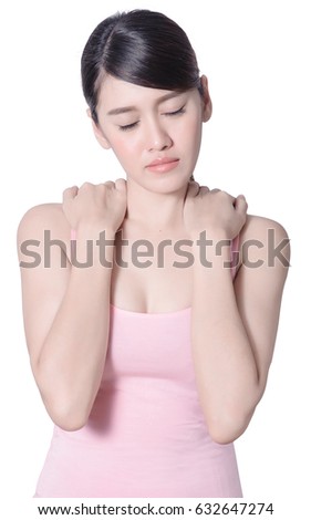 Beautiful asia woman acting headache or worry something take a photo in studio, beauty woman concept with clipping path