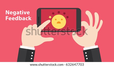Business hand give negative rating feedback from smart phone. Customer service and website rating feedback review concept. Vector illustration. Minimal flat design.