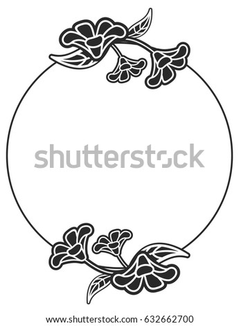 Black and white round label with flowers. Copy space. Raster clip art.