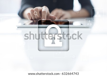 Data protection, Cyber security, information safety and encryption. internet technology and business concept.  Virtual screen with padlock icons. 