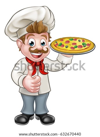 Cartoon chef cook character holding pizza and giving a thumbs up