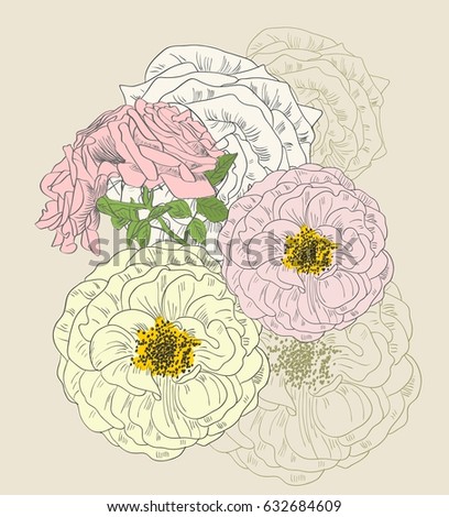 Hand drawn illustration with flowers. Floral background