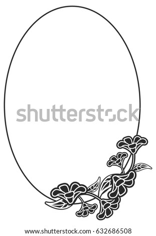 Black and white oval label with flowers. Copy space. Raster clip art.