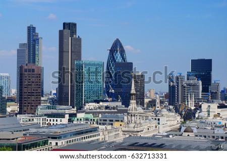 The skyline of the financial district in the City of London on a sunny day with a blue sky in the background, as seen from St Paul's Cathedral.