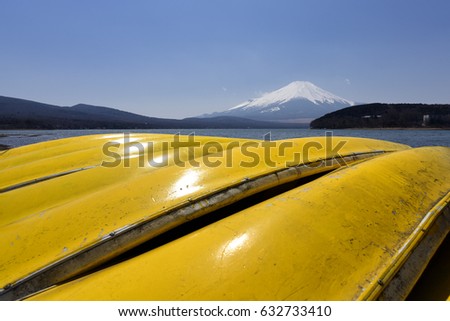 Lake Yamanaka with Mt. Fuji background at Yamanashi, Japan. Lake Yamanaka is a point of view Mount Fuji is very popular for photographers and tourists. 