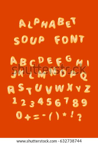 Alphabet soup font, latin letters on red Royalty-Free Stock Photo #632738744