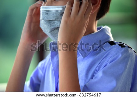 boy use chemical masks and factory , environmental problems, pollution  concept .