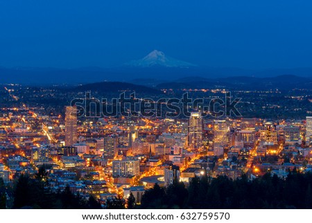 Portland City with Mount Hood in a background during dusk, Portland, Oregon, USA