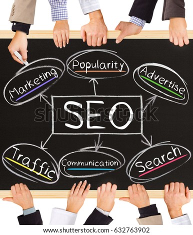 Photo of business hands holding blackboard and writing SEO concept