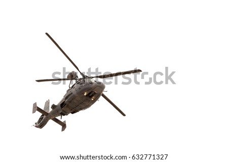 Military helicopter in flight, isolated on white Royalty-Free Stock Photo #632771327
