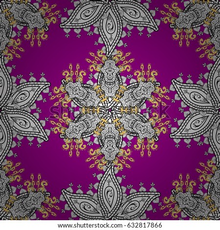 Classic vintage background. Traditional orient ornament. Seamless pattern on magenta background with golden elements and white doodles. Seamless classic vector golden pattern.