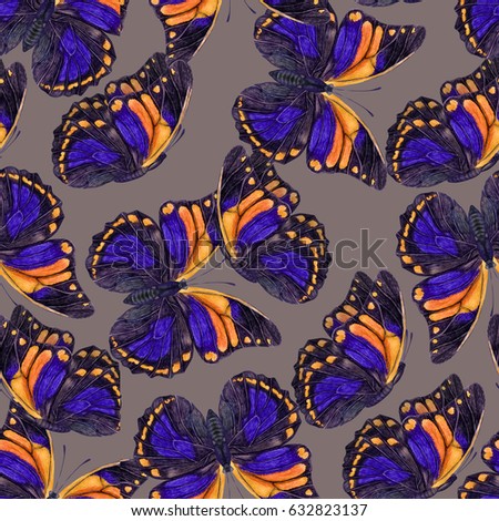 hand painted detailed watercolor butterfly seamless pattern. botanical illustration background.
