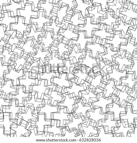 Vector seamless pattern of 3D crosses or plus signs. Scattered and randomly rotated wireframe 3D objects. Editable line width. Clipping mask used. Black edges on white background.