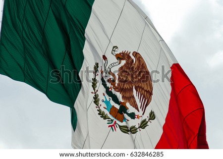 Horizontal shot of the mexican flag being moved by the wind on a overcast day.