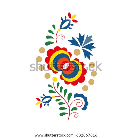 Traditional folk ornament and pattern, floral embroidery symbol isolated on white background, vector illustration