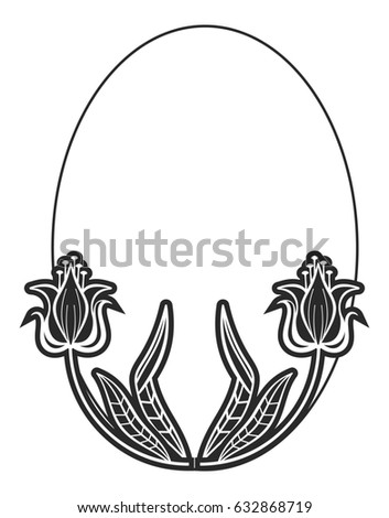 Black and white oval frame with floral silhouettes. Copy space. Vector clip art.