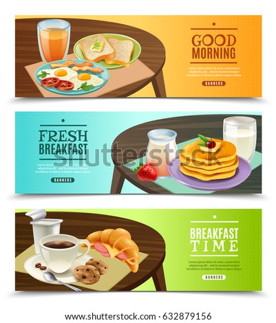 Set of horizontal banners with fresh breakfast on dark wooden table on bright background isolated vector illustration  