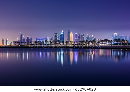 Doha city skyline at night. Qatar, Middle East