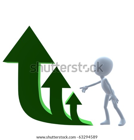 3D guy next to green arrows on a white background