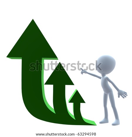 3D guy next to green arrows on a white background