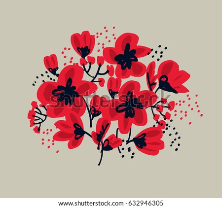 Blossom seamless pattern for surface design: wrapping paper, background, fabric. Abstract hand drawn red flower vector illustration.  Sketch decorative flowers for card, header, poster, book cover. 